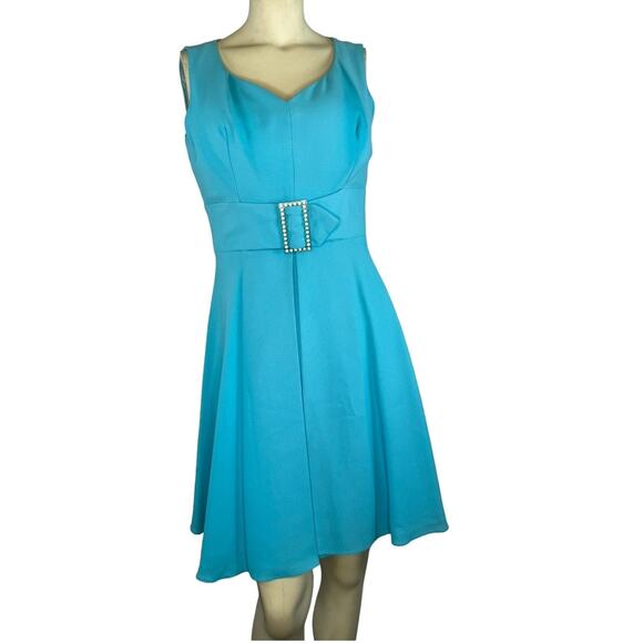 American Vintage 50's Blue Sleeveless Pleated Belted Gemstone Dress small - Picture 2 of 15
